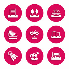 Set Swing car, Horse saddle swing, Volleyball net with ball, Horizontal bar, Badminton shuttlecock, Roller skate, Attraction carousel and Swedish wall icon. Vector