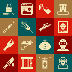 Set Thief mask, Wanted poster, Cocktail molotov, Syringe, Marijuana joint, Lock picks for lock picking and Sniper rifle with scope icon. Vector