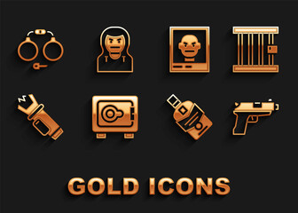 Set Safe, Prison window, Pistol or gun, Whiskey bottle, Police electric shocker, Wanted poster, Handcuffs and Thief mask icon. Vector