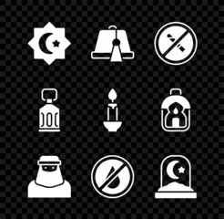 Set Octagonal star, Turkish hat, No Smoking, Muslim woman niqab, water, cemetery, Ramadan Kareem lantern and Burning candle icon. Vector