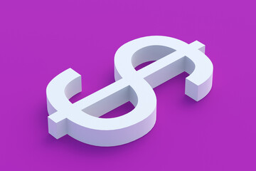 Dollar sign of white color on violet color. 3d render