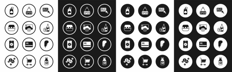 Set Buy button, Credit card, Chicken egg in box, Sauce bottle, Wine, Hanging sign with Open, Scanner scanning bar code and Percent discount and mobile icon. Vector