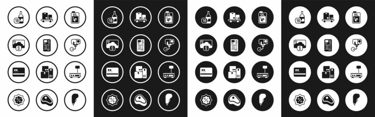 Set Bottle of olive oil, Paper or financial check, Credit card, Wine bottle, Security camera, Hand truck and boxes, Electronic scales and icon. Vector