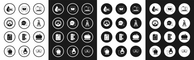 Set Oil tank storage, Word oil, Motor gas gauge, drop, rig, Gas for vehicle, and Canister motor icon. Vector