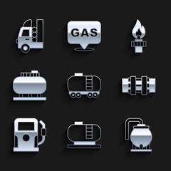 Set Oil railway cistern, tank storage, Metallic pipes and valve, Petrol gas station, rig with fire and Gas for vehicle icon. Vector