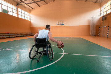 a photo of a war veteran playing basketball in a modern sports arena. The concept of sport for people with disabilities