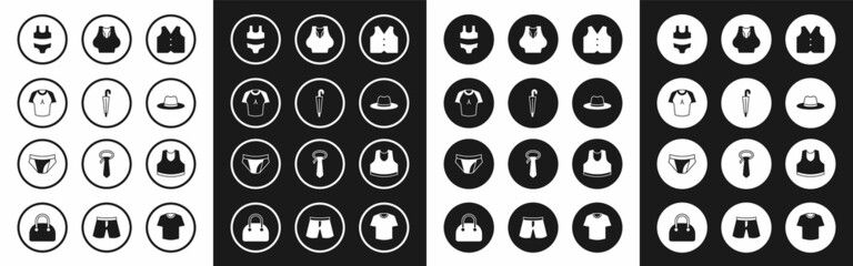 Set Waistcoat, Umbrella, T-shirt, Swimsuit, Man hat, Undershirt, and Men underpants icon. Vector