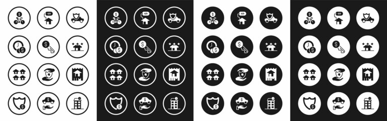 Set Car with shield, Rent key, Time is money, Bicycle rental mobile app, Real estate, House dollar, and icon. Vector