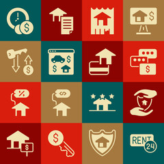 Set Rent, House with shield, Price negotiation, Online real estate, key, Time is money and Credit card icon. Vector
