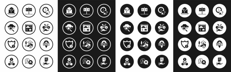Set Time is money, Online real estate, Car sharing, Bicycle rental mobile app, House with dollar, Location key and Shield icon. Vector