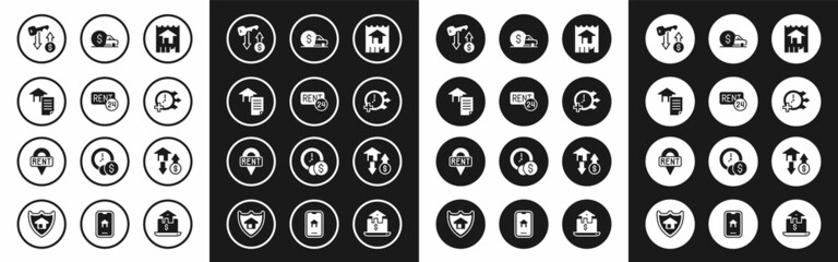 Set House, Rent, contract, key, Clock, Car rental, with dollar and Location icon. Vector