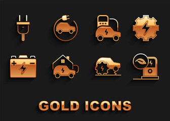 Set Charging car at home, Gear and lightning, Electric charging station, service, Car battery, plug and icon. Vector