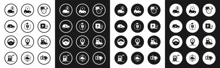 Set Battery charge, Charging parking electric car, Electric, truck, and Voltmeter icon. Vector