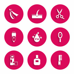 Set Oil for hair care treatment, Aftershave, Hairbrush, Hand mirror, Shaving gel foam, Electric razor blade, Scissors hairdresser and Straight icon. Vector