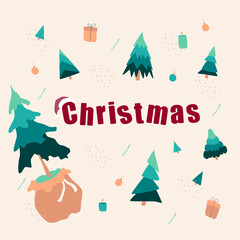 Christmas card with text in a festive cap. Christmas trees, gifts and candles on a beige background.