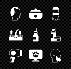 Set Baldness, Gel or wax for hair styling, Shaving brush, Hair dryer, Barbershop, Mustache and beard, Human follicle and Oil bottle icon. Vector