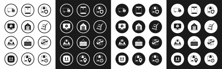 Set Delivery security with shield, Warehouse, Location cardboard box, cargo truck, Hand and boxes, Envelope, Plane and Conveyor belt icon. Vector