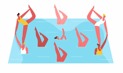 Vector flat illustration with Performance, Training of Female Gymnasts in Group Synchronized Swimming. The concept Summer, Group types of Professional Sports, Competitions.