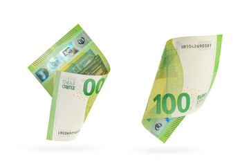 One hundred euro banknote set isolated on white background. European money folded in half, close-up...