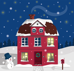 Festive winter illustration with a cozy snow-covered house and a snowman against the background of the starry sky.