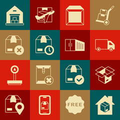 Set Home delivery services, Unboxing, Delivery cargo truck, Carton cardboard, Cardboard with clock, Warehouse and Container icon. Vector