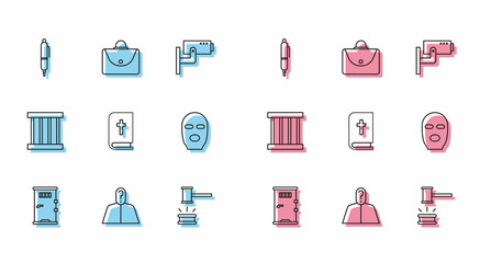 Set line Prison cell door, Anonymous with question mark, Pen, Judge gavel, Holy bible book, Thief mask, window and Briefcase icon. Vector