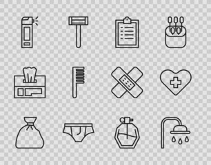 Set line Garbage bag, Shower head, Clipboard with checklist, Underwear, Bottle nozzle spray, Hairbrush, Perfume and Heart cross icon. Vector