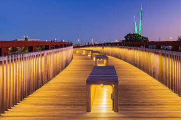 Night view of the bridge in Scissortail Park