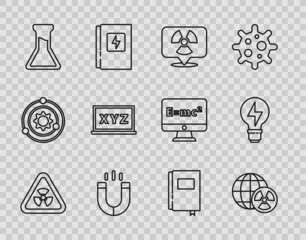 Set line Triangle with radiation, Planet earth and, Radioactive in location, Magnet, Test tube flask, XYZ Coordinate system, Book and Light bulb lightning icon. Vector
