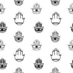 Vector illustration with hamsa protects against the evil eye. Depending on the religious origin, it is also known as the Hand of Miriam, the Hand of Fatima. Seamless pattern