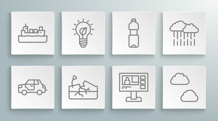 Set line Car, Light bulb with leaf, Earthquake, Television report, Cloud, Bottle of water, rain and Oil tanker ship icon. Vector