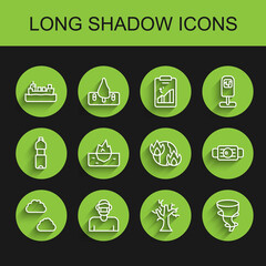 Set line Cloud, Face in protective mask, Oil tanker ship, Withered tree, Tornado, Iceberg, Medical and Global warming fire icon. Vector