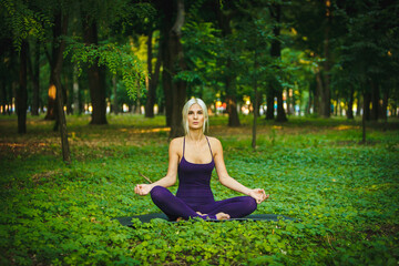 A beautiful girl is engaged in yoga in nature.