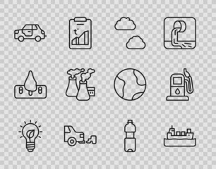 Set line Light bulb with leaf, Oil tanker ship, Cloud, Car exhaust, Smoke from factory, Bottle of water and Petrol gas station icon. Vector