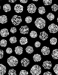 Doodled roses seamless repeat pattern. Random placed, vector flowers all over surface print on black background.