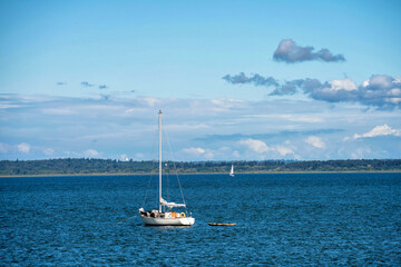 Fototapeta premium Moored Sailboat in Bellingham Bay on a Windy Day