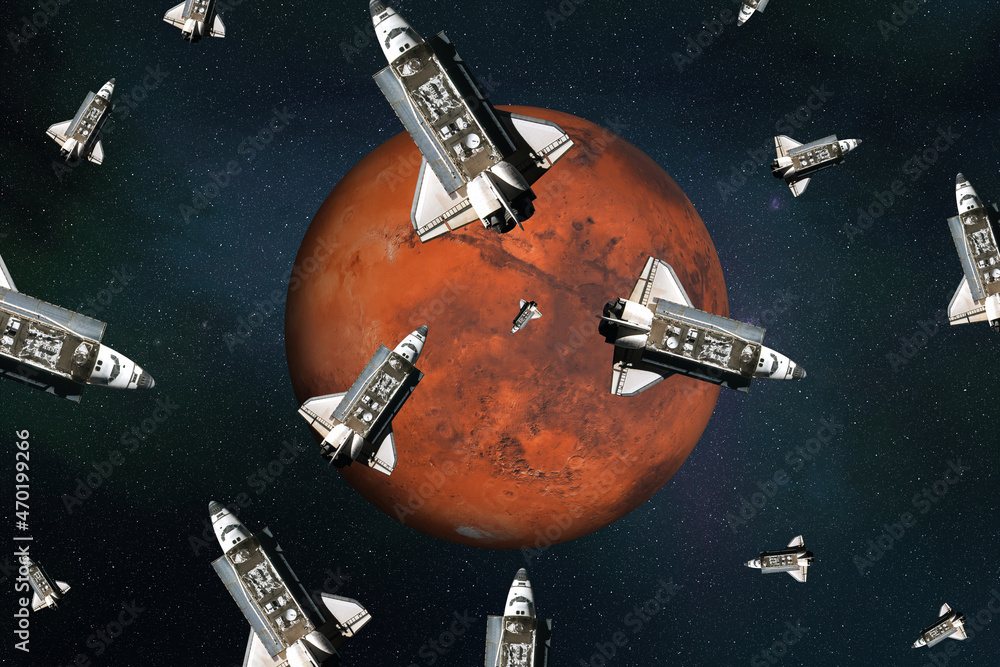 Poster flying space shuttles close to the mars planet of solar system. mars colonization concept. 3d render
