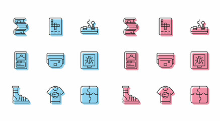 Set line Slippers with socks, T-shirt, Book, Piece of puzzle, Waist bag banana, Insects in frame, Card game and Crossword icon. Vector