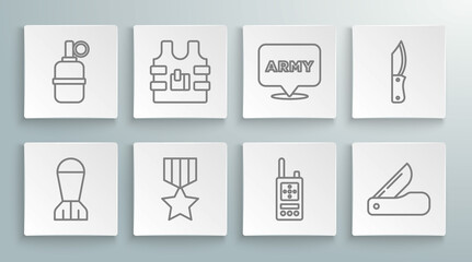 Set line Aviation bomb, Bulletproof vest, Military reward medal, Walkie talkie, Swiss army knife, and Hand grenade icon. Vector