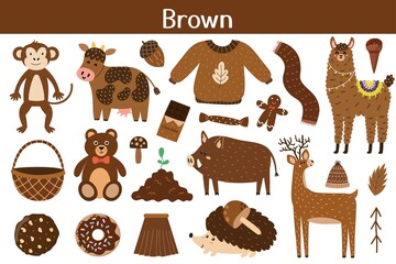 Brown color objects set. Learning colors for kids. Cute elements collection. Educational background. Vector illustration