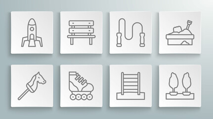 Set line Toy horse, Bench, Roller skate, Swedish wall, Forest, Jump rope, Sandbox with sand and Rocket ship icon. Vector