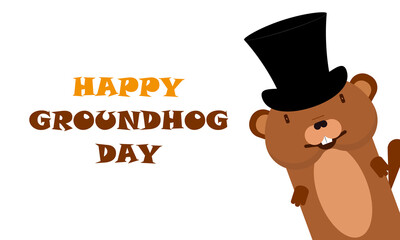 Groundhog day with marmot in hat, vector art illustration.