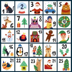 Christmas Advent Calendar with cute winter characters. December countdown poster with tags. Vector illustration