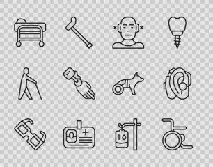 Set line Eyeglasses, Wheelchair, Deaf, Identification badge, Stretcher, Prosthesis hand, IV bag and Hearing aid icon. Vector
