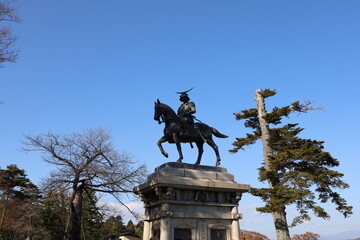 Sendai City, Miyagi Prefecture Japan, November 2021. Statue of Masamune Date in Sendai Castle.