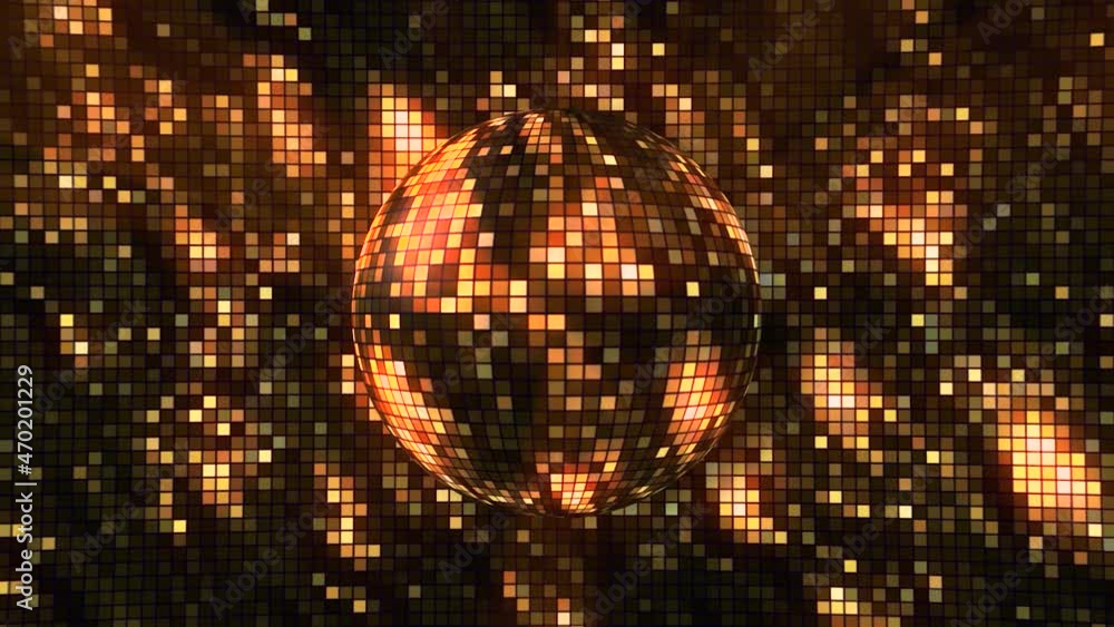 Poster abstract animated pixel background with a spinning golden glow disco ball. motion. a sphere composed