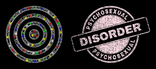 Glossy hatched mesh concentric circles icon with glitter effect on a black background, and Psychosexual Disorder corroded seal imitation.