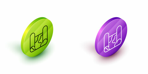 Isometric line Folded map icon isolated on white background. Green and purple circle buttons. Vector