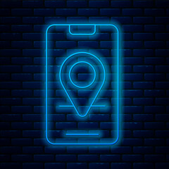 Glowing neon line Infographic of city map navigation icon isolated on brick wall background. Mobile App Interface concept design. Geolacation concept. Vector