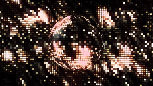 Abstract pixelated spinning bright sphere with the million of glowing particles on a black background, seamless loop. Motion. Rotating round shaped 3D object with glass reflective shards Abstract